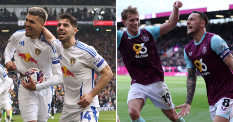 Joel Piroe and Manor Solomon celebrate during Leeds United’s game against Stoke City. Josh Brownhill celebrates his penalty goal for Burnley agains...