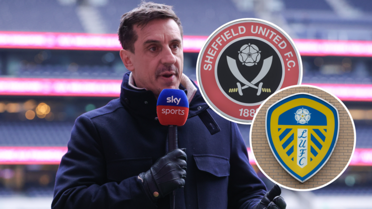 Composition image of Gary Neville working for Sky Sports. Inset, Leeds United and Sheffield United badges.