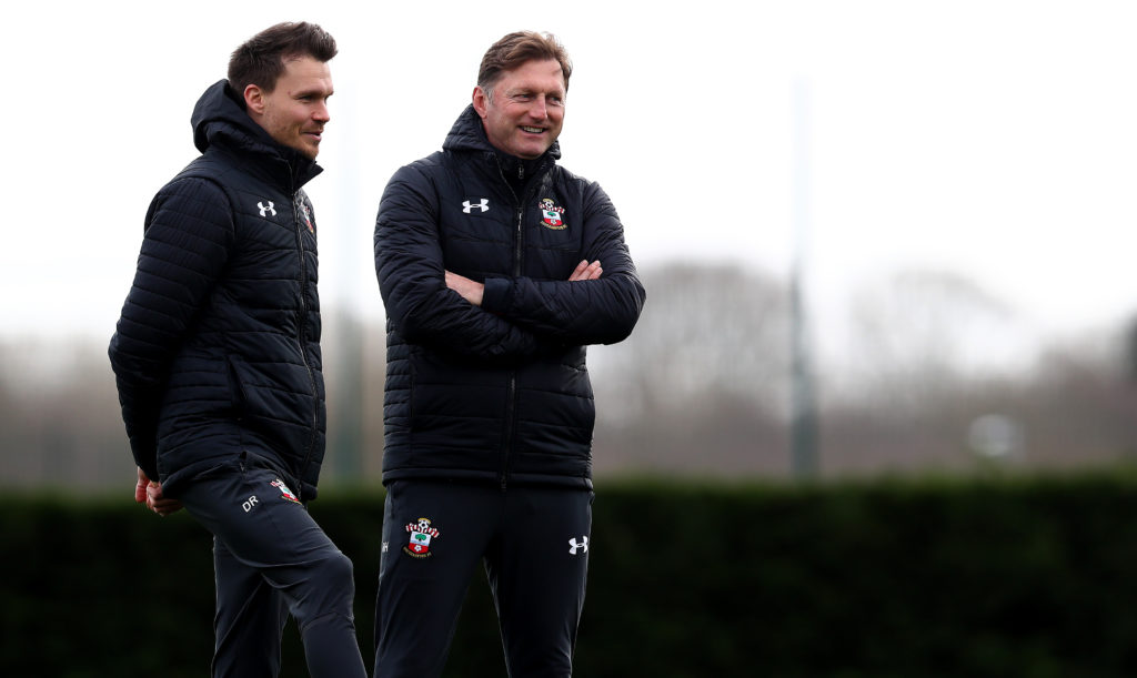 Ralph Hassenhuttl and Danny Rohl watch a Southampton Training Session
