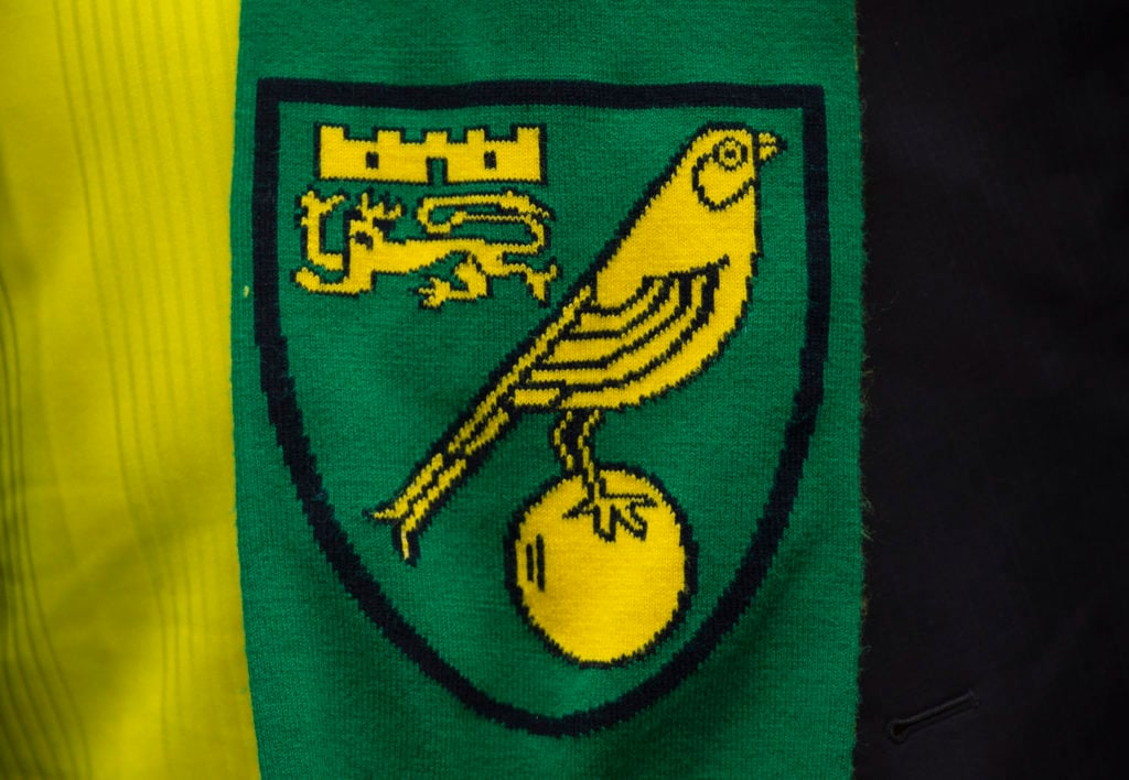 A detailed view of the Norwich City badge on a scarf