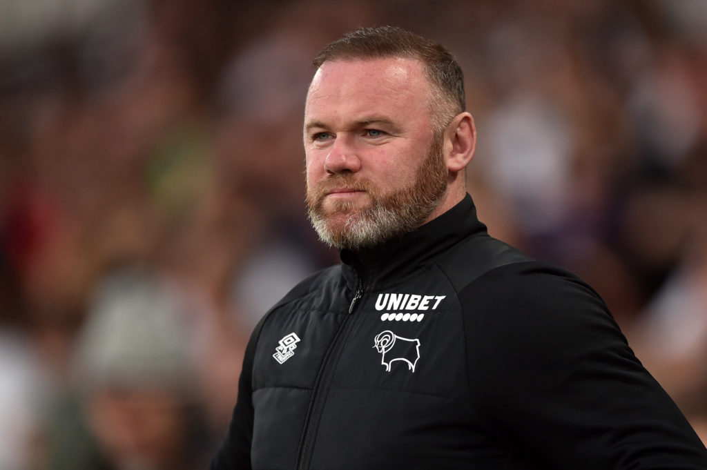 Wayne Rooney, Manager of Derby County looks on prior to the Sky Bet Championship match between Derby County and Fulham