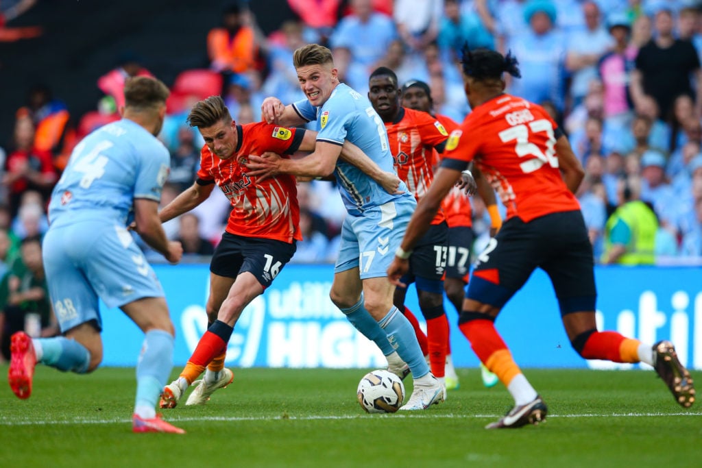 Viktor Gyokeres challenges for the ball during the Championship play-off final between Coventry City and Luton Town