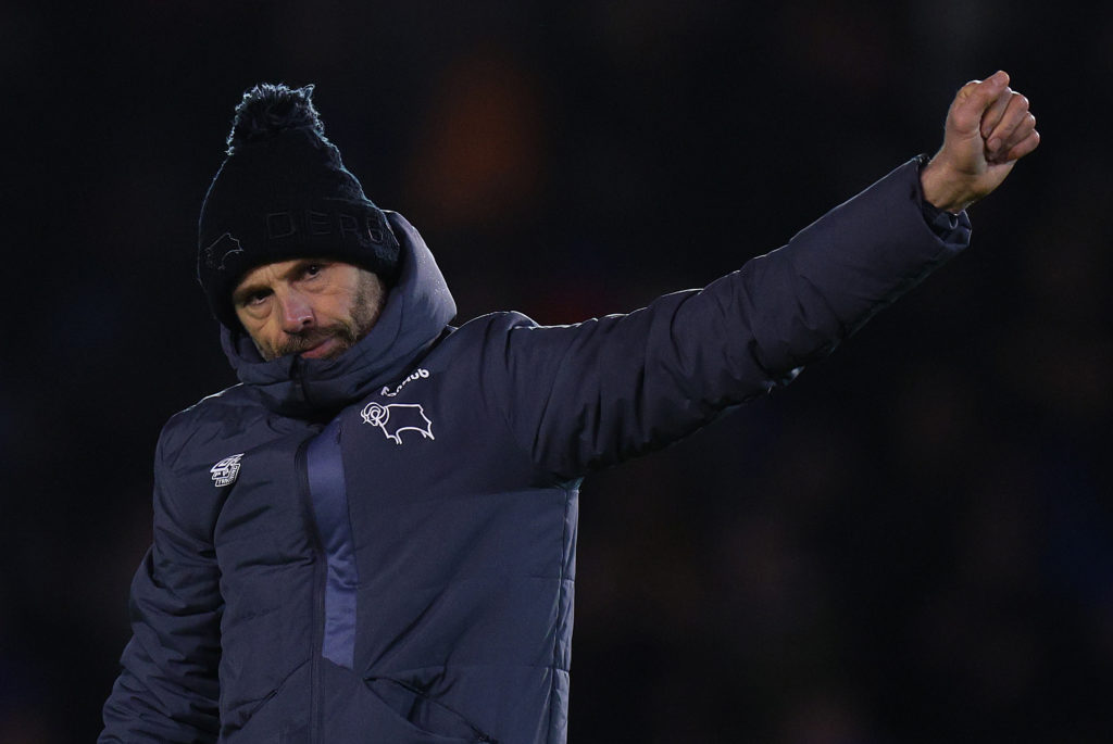 Paul Warne, Manager of Derby County, waves to the fans at the end of the Sky Bet League One match between Portsmouth and Derby County