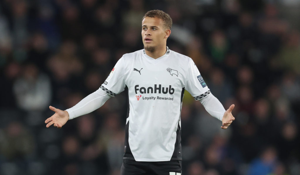 Kenzo Goudmijn of Derby County reacts during the Sky Bet Championship match between Derby County FC and Sheffield Wednesday FC