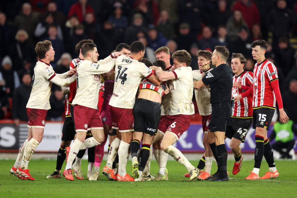 Sheffield United's players end up in a brawl with Bristol City during a Championship fixture