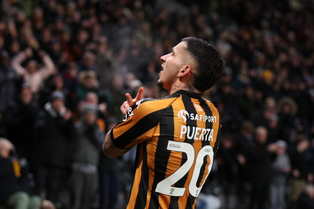 Gustavo Puerta of Hull City celebrates his goal against Oxford United
