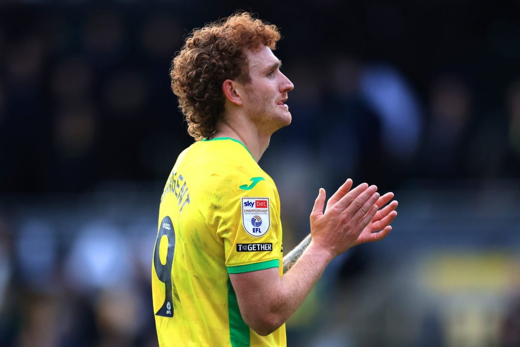Josh Sargent of Norwich City celebrates victory ascoring their opening goal during the Sky Bet Championship match between Norwich City FC and West Bromwich Albion