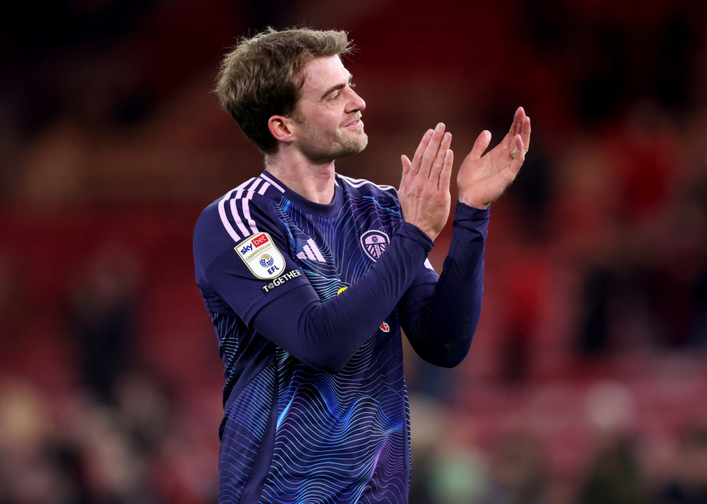 Patrick Bamford of Leeds United applauds the fans after the Sky Bet Championship match between Middlesbrough FC and Leeds United FC