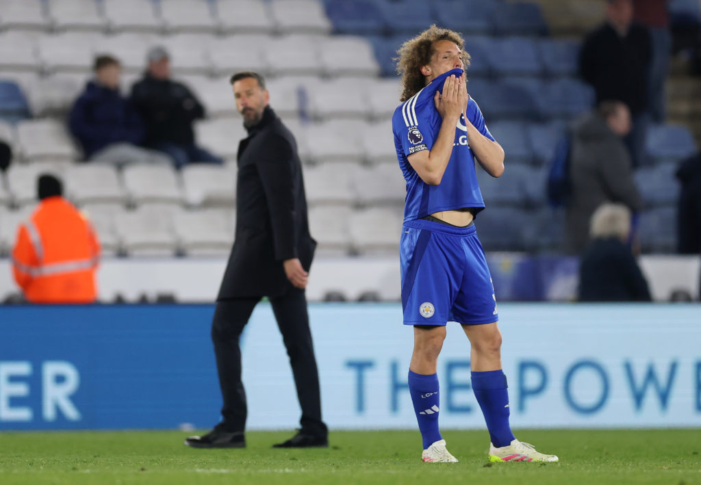 Wout Faes looks dejected after Leicester City vs Newcastle United