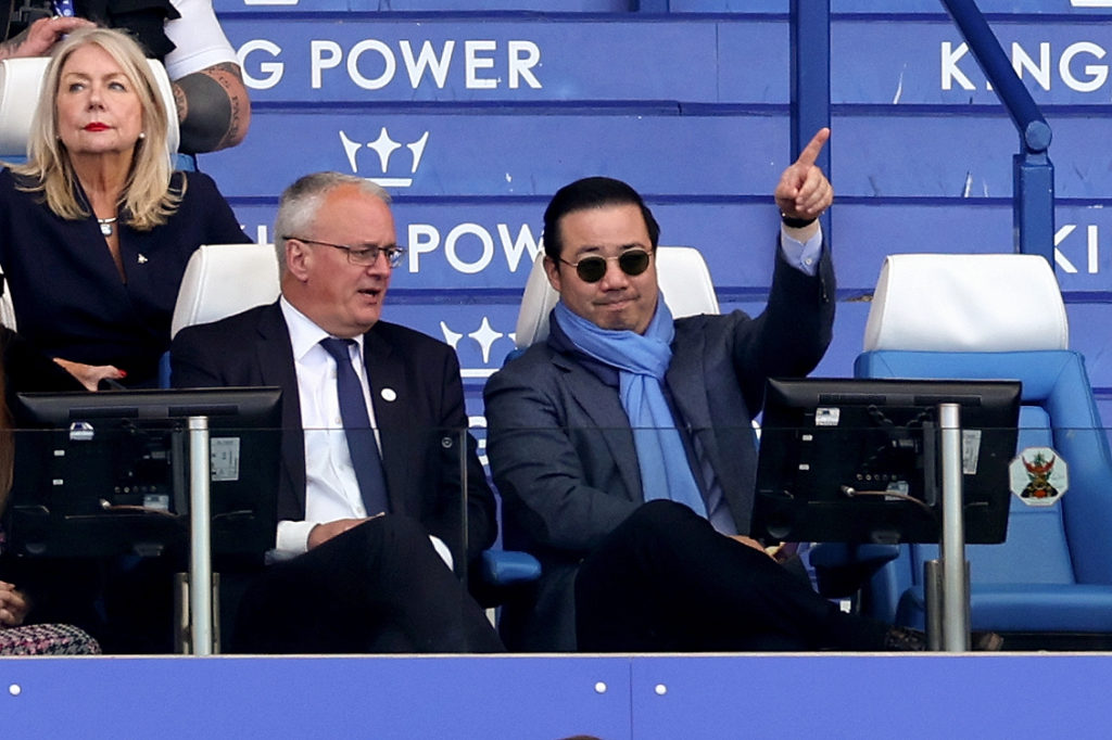 Leicester City chairman Aiyawatt Srivaddhanaprabha in discussion with Jon Rudkin during a Leicester City game