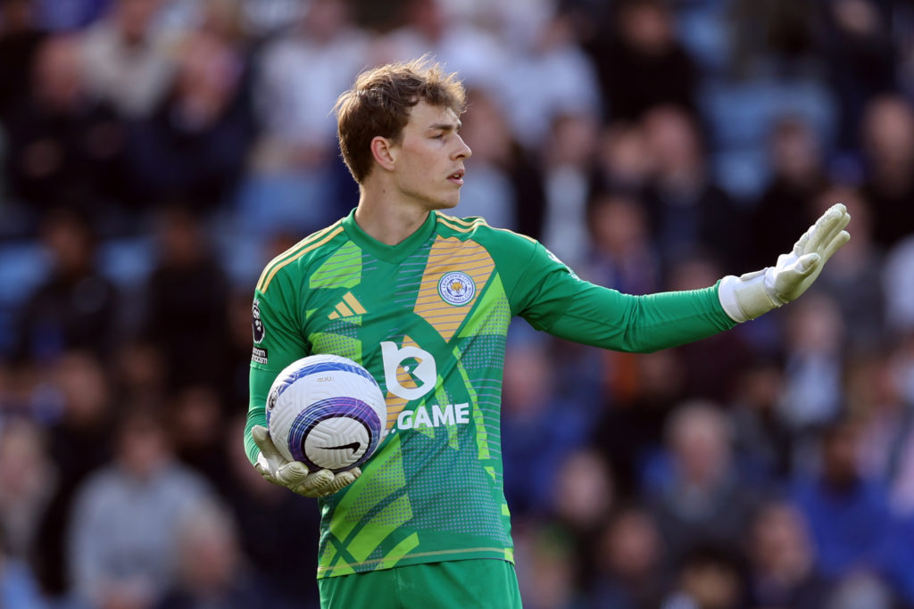 Leicester City FC goalkeeper Mads Hermansen against Liverpool FC in Premier League