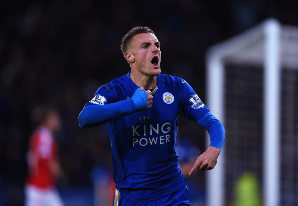 Jamie Vardy celebrates scoring for Leicester City against Manchester United