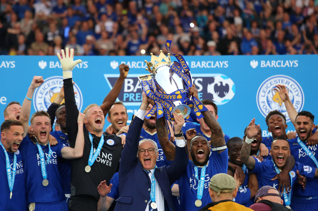 Leicester City lift the Premier League title in 2016 at the King Power Stadium