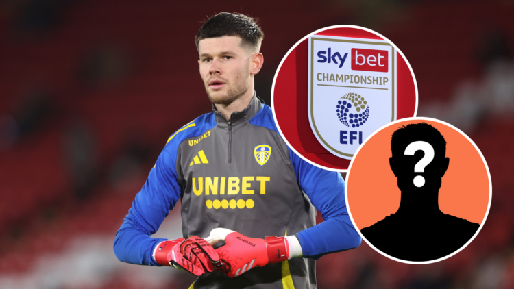 Leeds United goalkeeper Illan Meslier. Inset, EFL Championship logo and a mystery player graphic.