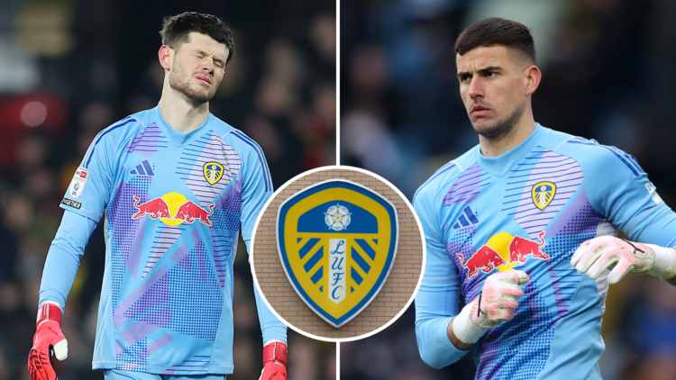 Split image of Leeds United goalkeepers Illan Meslier and Karl Darlow. Inset, Leeds United badge.