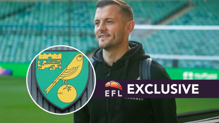 Norwich City coach Jack Wilshere. Inset, Norwich City badge. Overlaid, exclusive branding.