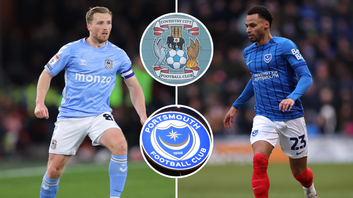 Split image of Jamie Allen and Josh Murphy. Inset, Coventry City badge and Portsmouth badge.