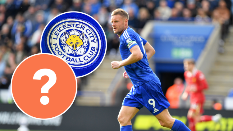Leicester City striker Jamie Vardy. Inset, Leicester City badge and question mark graphic.