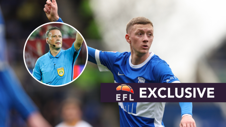 Birmingham City's Jay Stansfield. Inset, Mark Clattenburg. Overlaid, EFL Analysis exclusive banner.