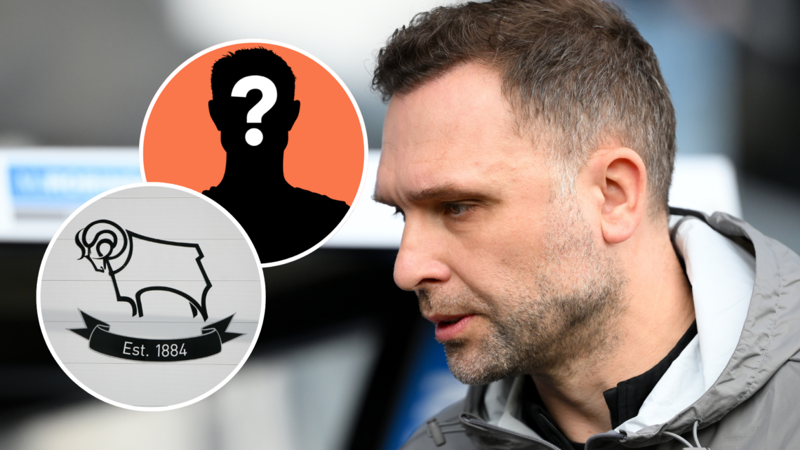 Derby County manager John Eustace. Inset, Derby County badge, and a mystery player graphic.