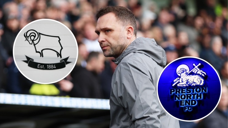 Derby County manager John Eustace. Inset, Derby County badge and Preston North End badge.