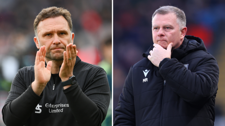 Split image of Derby County manager John Eustace applauding the fans and Stoke City manager Mark Robins looking on.