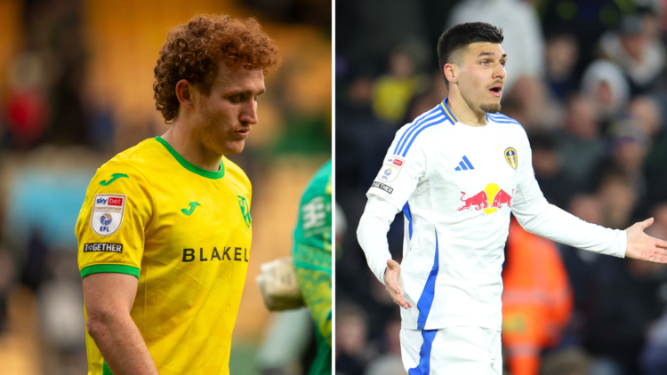 Split image of Norwich City's Josh Sargent and Leeds United's Joel Piroe