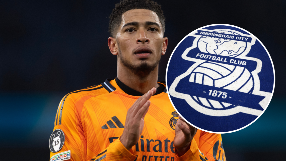 Real Madrid's Jude Bellingham. Inset, Birmingham City badge.
