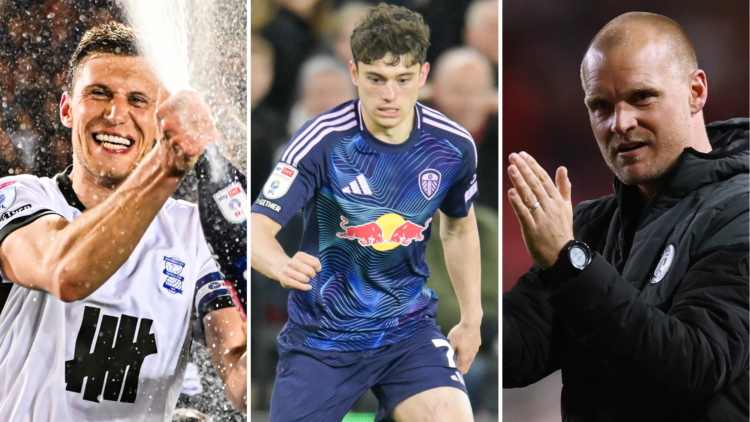 Three-way split image of Krystian Bielik, Dan James, and Liam Manning.