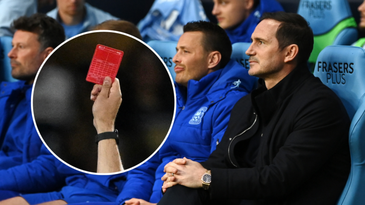 Frank Lampard, Manager of Coventry City, watches on during a Championship game. An inset of a red card being shown during a Liga MX Clausura game.