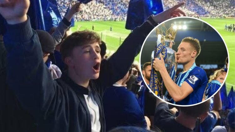 Leicester City fan celebrates winning the Premier League in 2016, an inset of Jamie Vardy kissing the Premier League trophy.