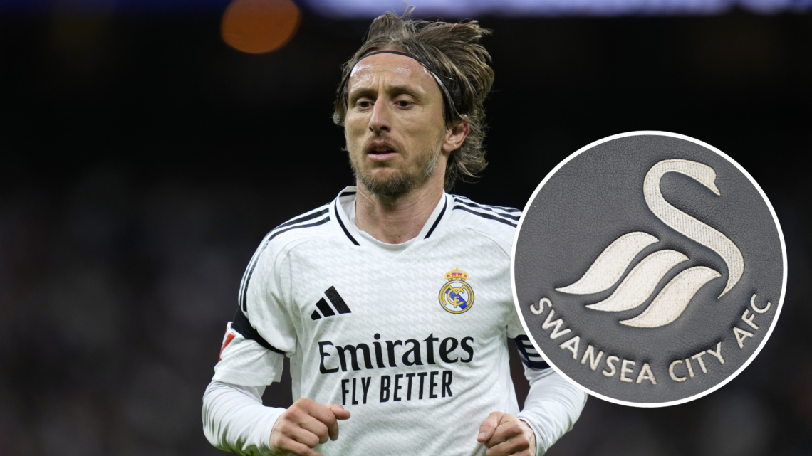 Real Madrid star Luka Modric. Inset, Swansea City badge.