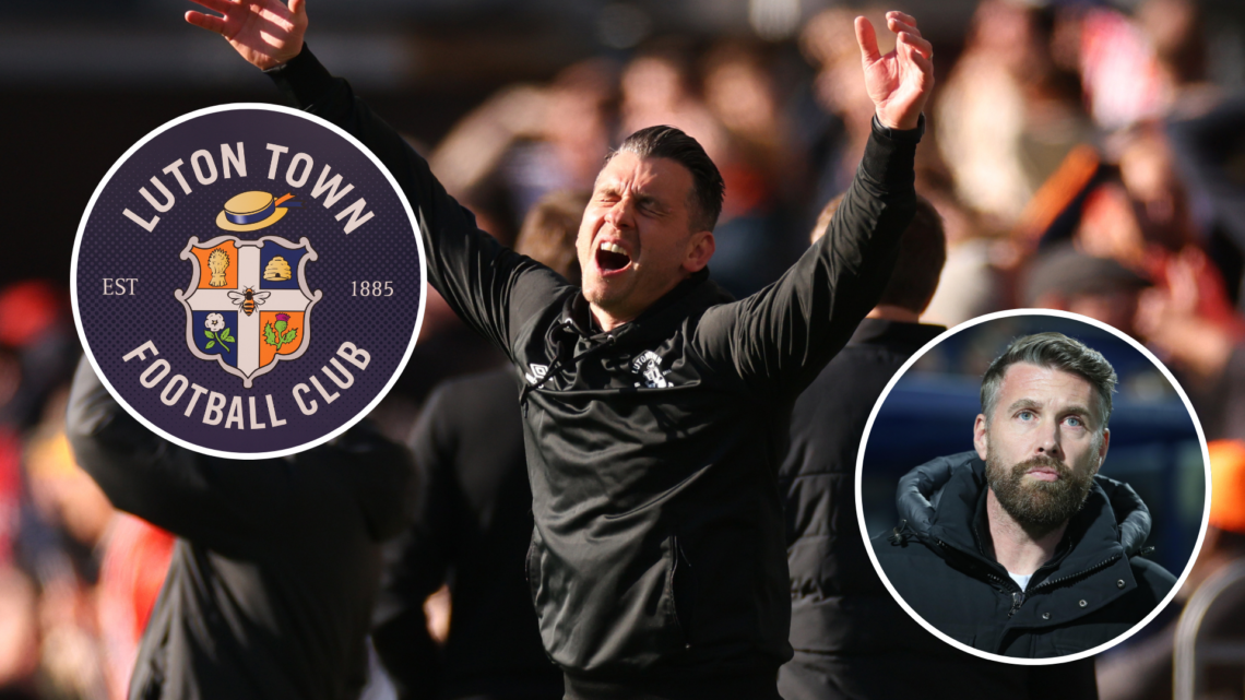 Luton Town manager Matt Bloomfield. Inset, Luton badge, and Rob Edwards.