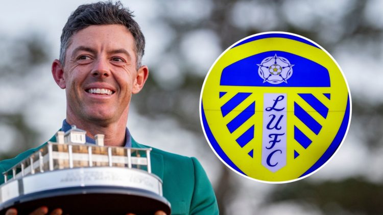 Rory McIlroy celebrates winning the 2025 Masters at Augusta with an inset of the Leeds United badge.