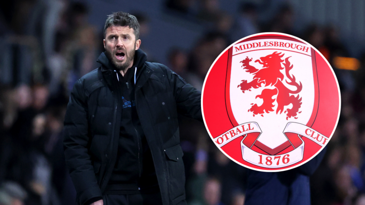 Middlesbrough manager Michael Carrick. Inset, Middlesbrough badge.
