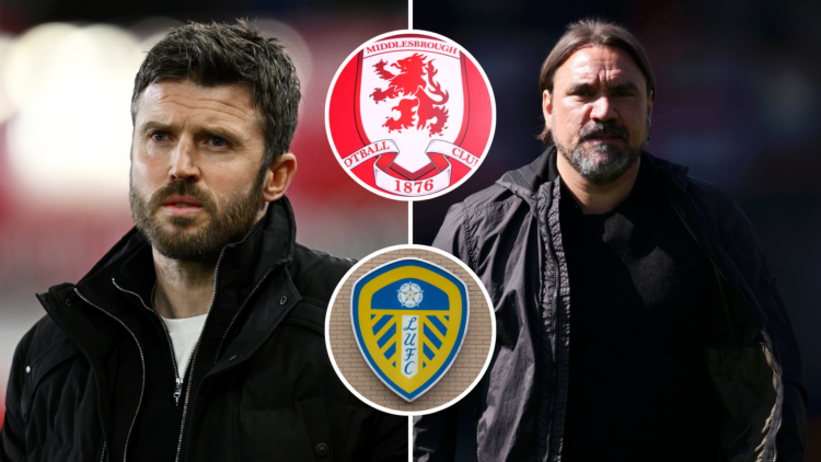 Split image of Michael Carrick and Daniel Farke. Inset, Middlesbrough badge and Leeds United badge.