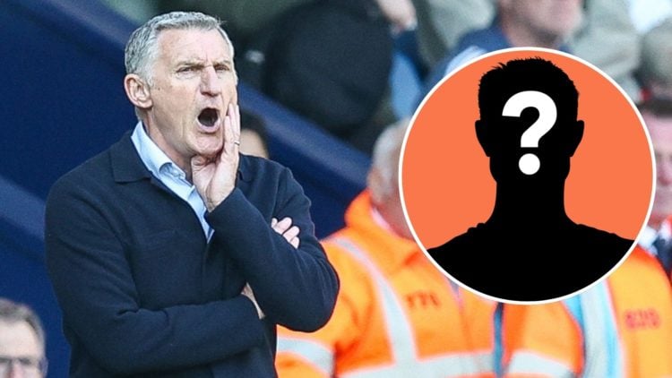 West Brom manager Tony Mowbray shouts instructions at his players during a Championship game. An inset of a mystery figure.