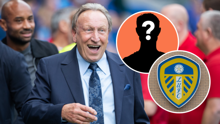 Neil Warnock. Inset, mystery player graphic and Leeds United badge.