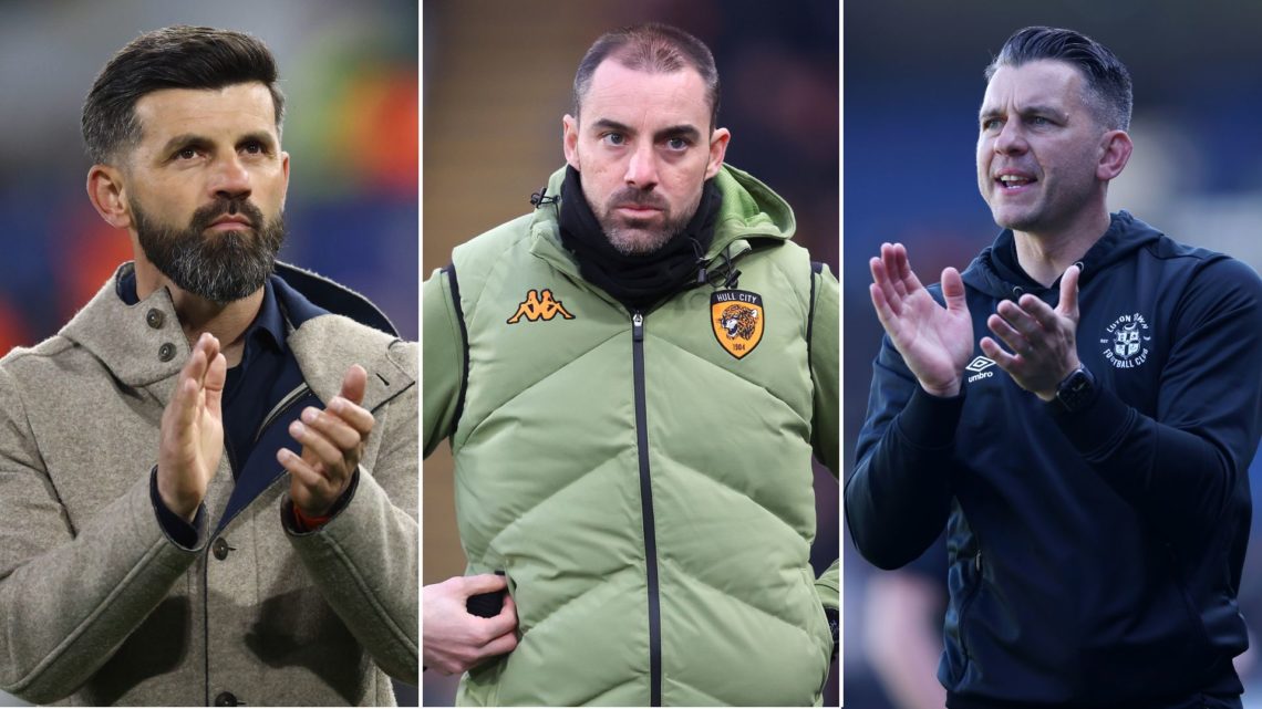 Miron Muslic, manager of Plymouth, applauds the fans. Hull City manager Ruben Selles looks on ahead of the Sky Bet Championship match between Hull ...