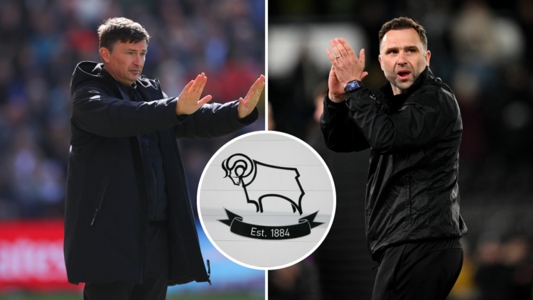 Split image of Preston North End boss Paul Heckingbottom and Derby County's John Eustace. Inset, Derby County badge.