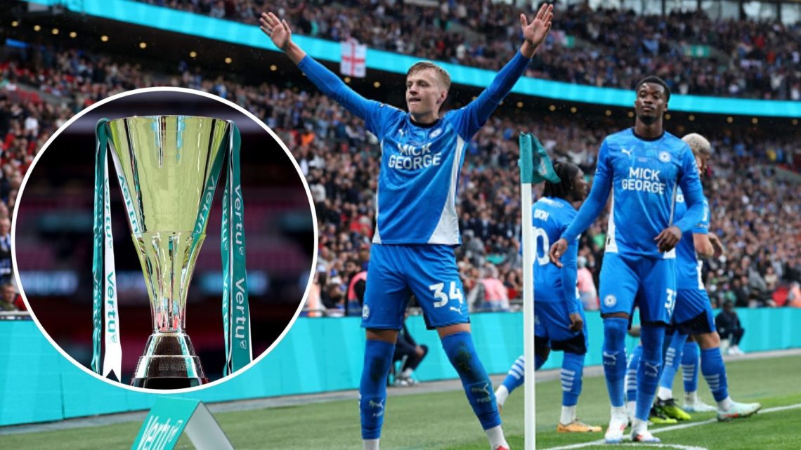 Split image with two photos. Harley Mills photo and Football League Trophy