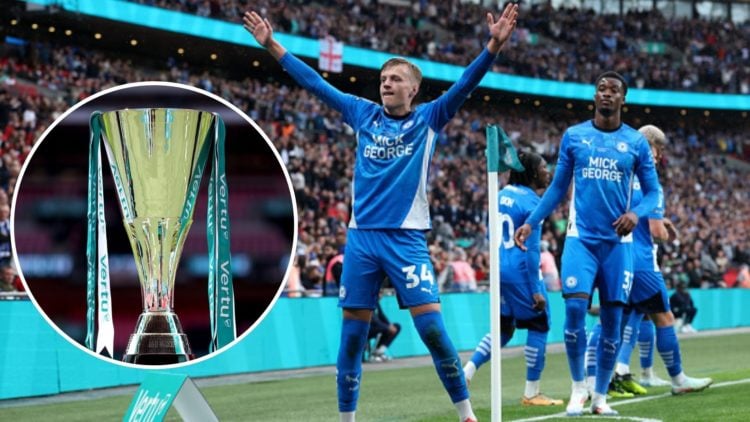 Split image with two photos. Harley Mills photo and Football League Trophy