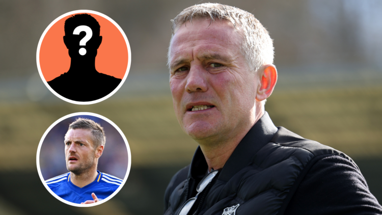 Main: Phil Parkinson, Manager of Wrexham, looks on. Insert above: a mystery player. Insert below: Jamie Vardy of Leicester City gestures to the fans.