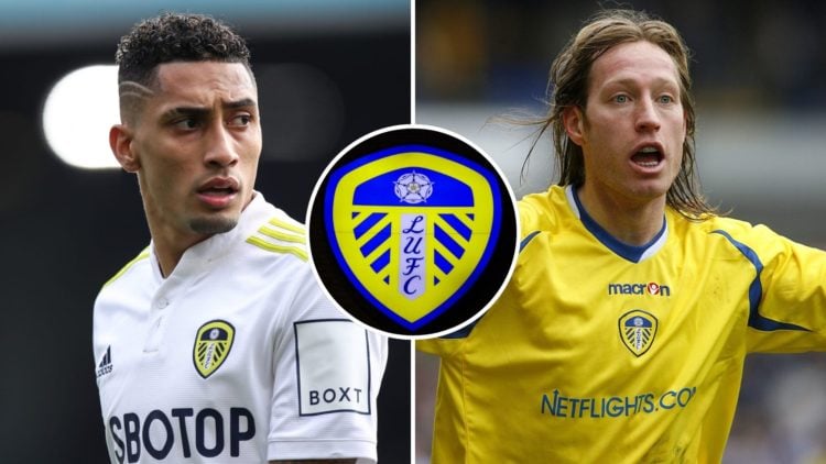 Split of Raphinha during the Premier League match between Leeds United and Tottenham Hotspur, and Luciano Becchio in action during the League One m...