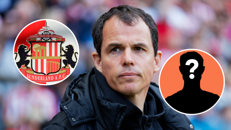 Sunderland manager Regis Le Bris. Inset, mystery player graphic, and Sunderland badge.
