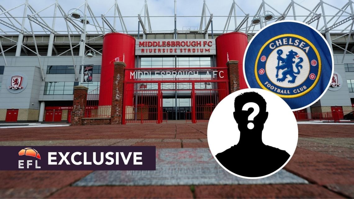 Image of the Middlesbrough's Riverside Stadium with inset images of Chelsea and a mystery player