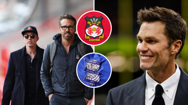 Split image, (L) Wrexham Football Club owners Rob McElhenney and Ryan Reynolds arrive ahead of the Vanarama National League match between Wrexham a...