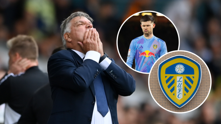Sam Allardyce. Inset, Illan Meslier and the Leeds United badge.