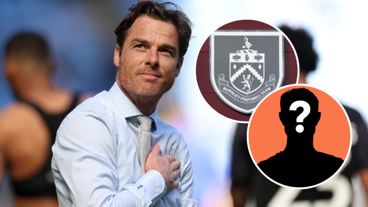 Burnley manager Scott Parker. Inset, Burnley badge and mystery player graphic.