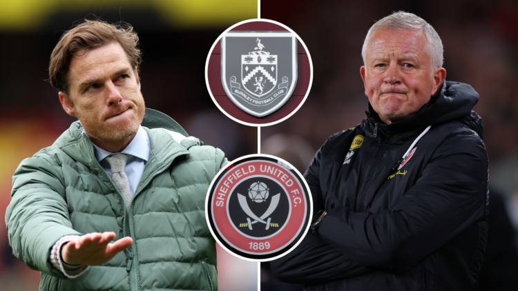 Split image of Scott Parker (L) and Chris Wilder (R). Inset, Burnley badge and Sheffield United badge.